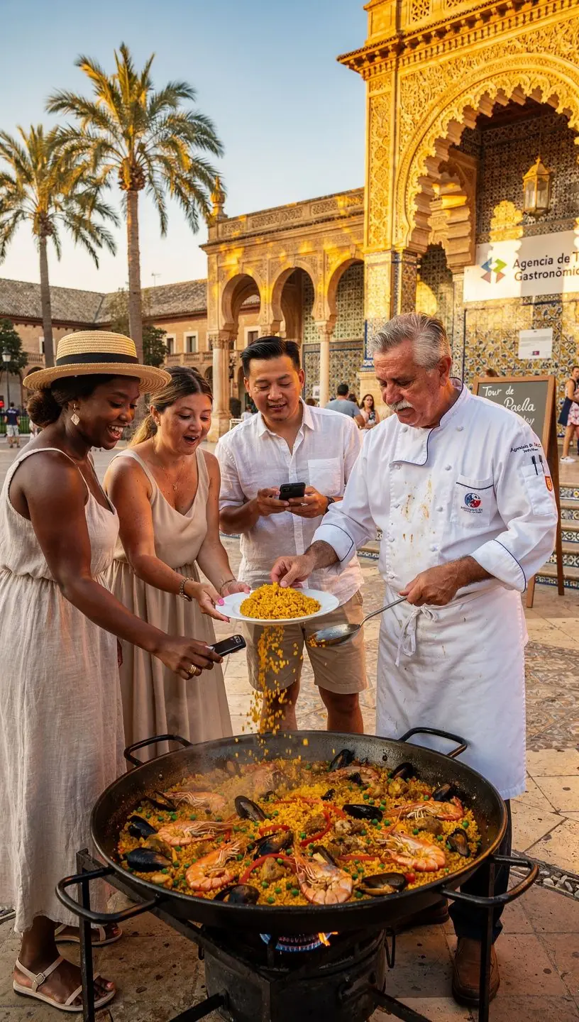 Grupo de turistas disfrutando una ruta gastronómica por un mercado tradicional español.