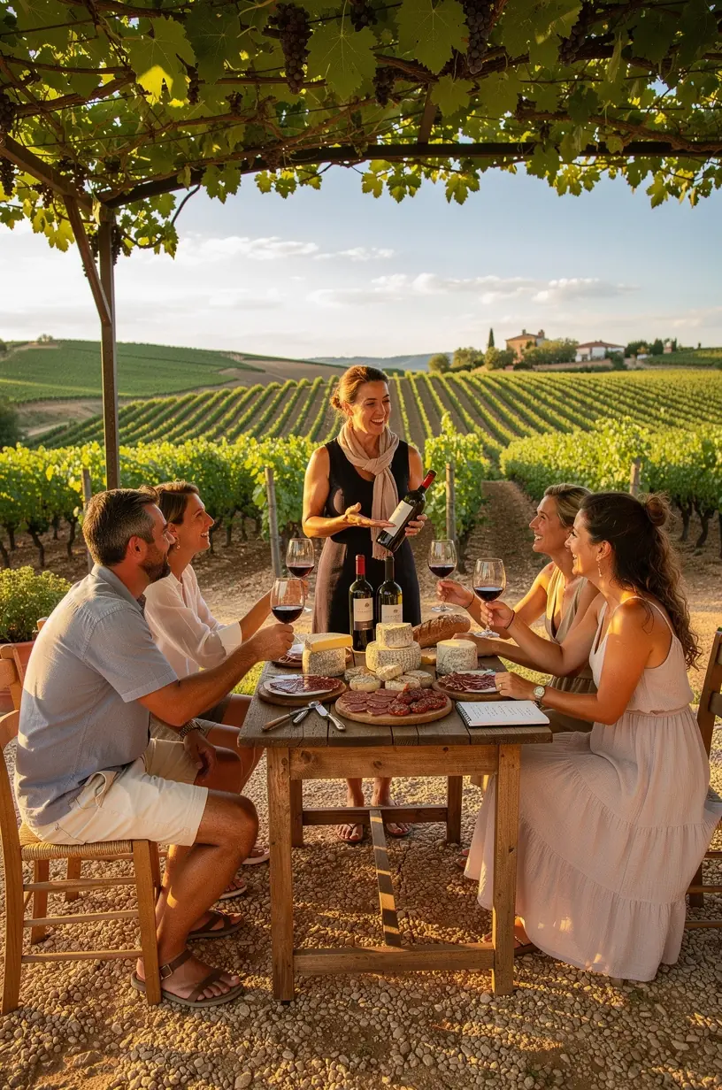 Participantes en taller de cata de vinos españoles en una bodega con vistas al viñedo.